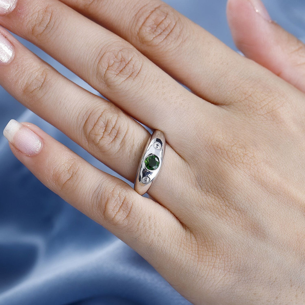 Natural Chrome Diopside &amp; Natural Zircon Ring in Platinum Overlay Sterling Silver 7777446 2