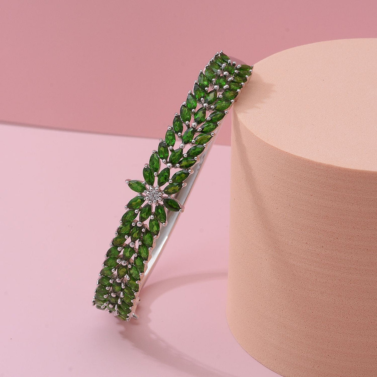 Natural Chrome Diopside and Natural Zircon Bangle (Size - 7.5) in Rhodium Overlay Sterling Silver 10.28 Ct. V32564873 1