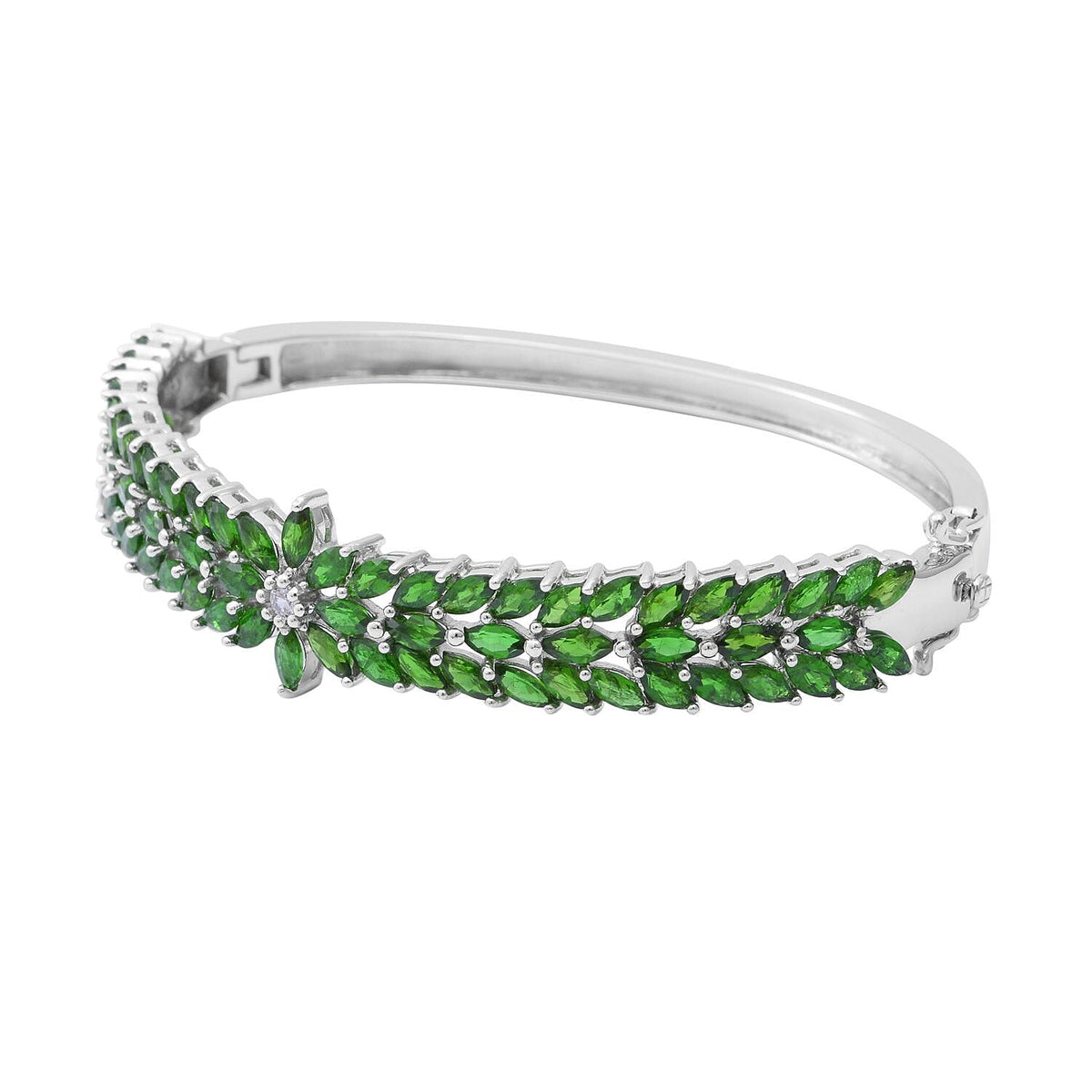 Natural Chrome Diopside and Natural Zircon Bangle (Size - 7.5) in Rhodium Overlay Sterling Silver 10.28 Ct. V32564873 2