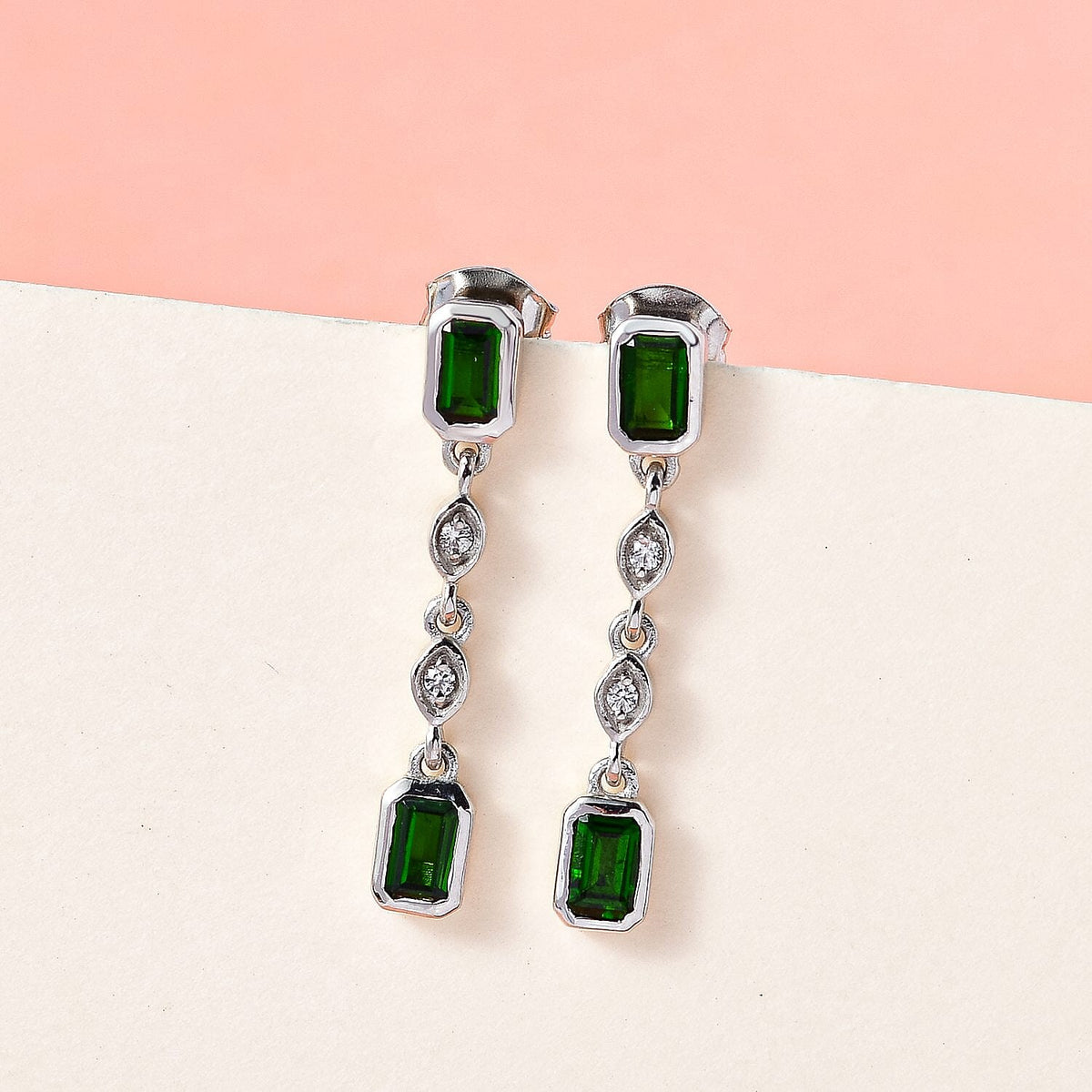 D'Joy Natural Chrome Diopside &amp; Natural Cambodian Zircon Dangling Push Back Earrings in Platinum Overlay Sterling Silver 1.24 Ct. 7236222 2
