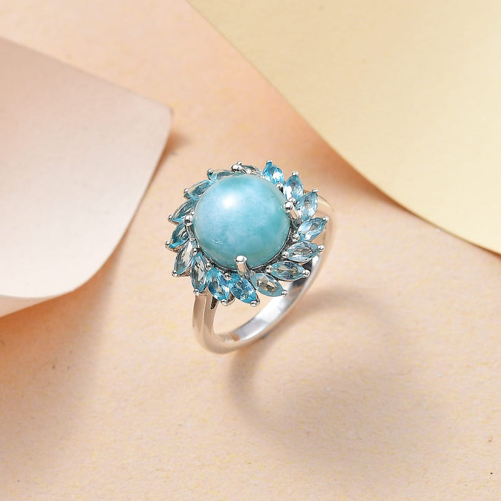 Natural Teal Green Larimar and Blue Apatite Halo Ring in Rhodium Overlay Sterling Silver 6.07 Ct. 7959723 2