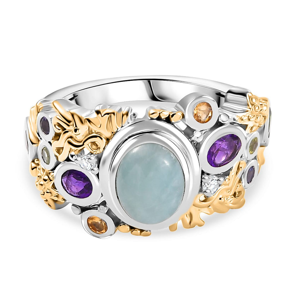 Natural Teal Green Larimar & Multi Gemstones Cluster Ring in 18K Vermeil Yellow Gold Plated & Rhodium Overlay Sterling Silver 2.34 Ct.