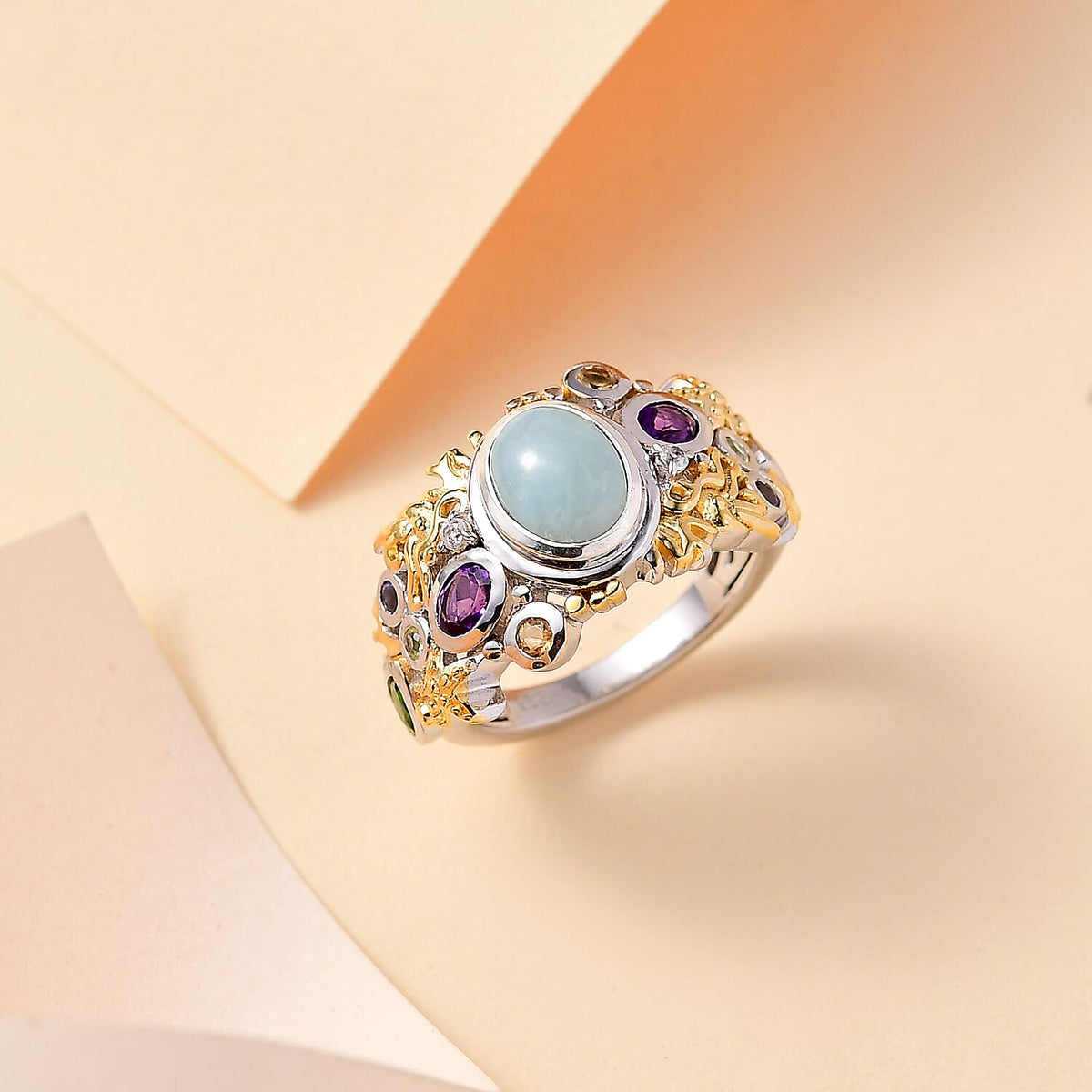 Natural Teal Green Larimar &amp; Multi Gemstones Cluster Ring in 18K Vermeil Yellow Gold Plated &amp; Rhodium Overlay Sterling Silver 2.34 Ct. 7961591 2
