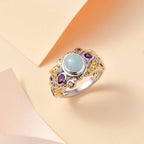 Natural Teal Green Larimar & Multi Gemstones Cluster Ring in 18K Vermeil Yellow Gold Plated & Rhodium Overlay Sterling Silver 2.34 Ct.
