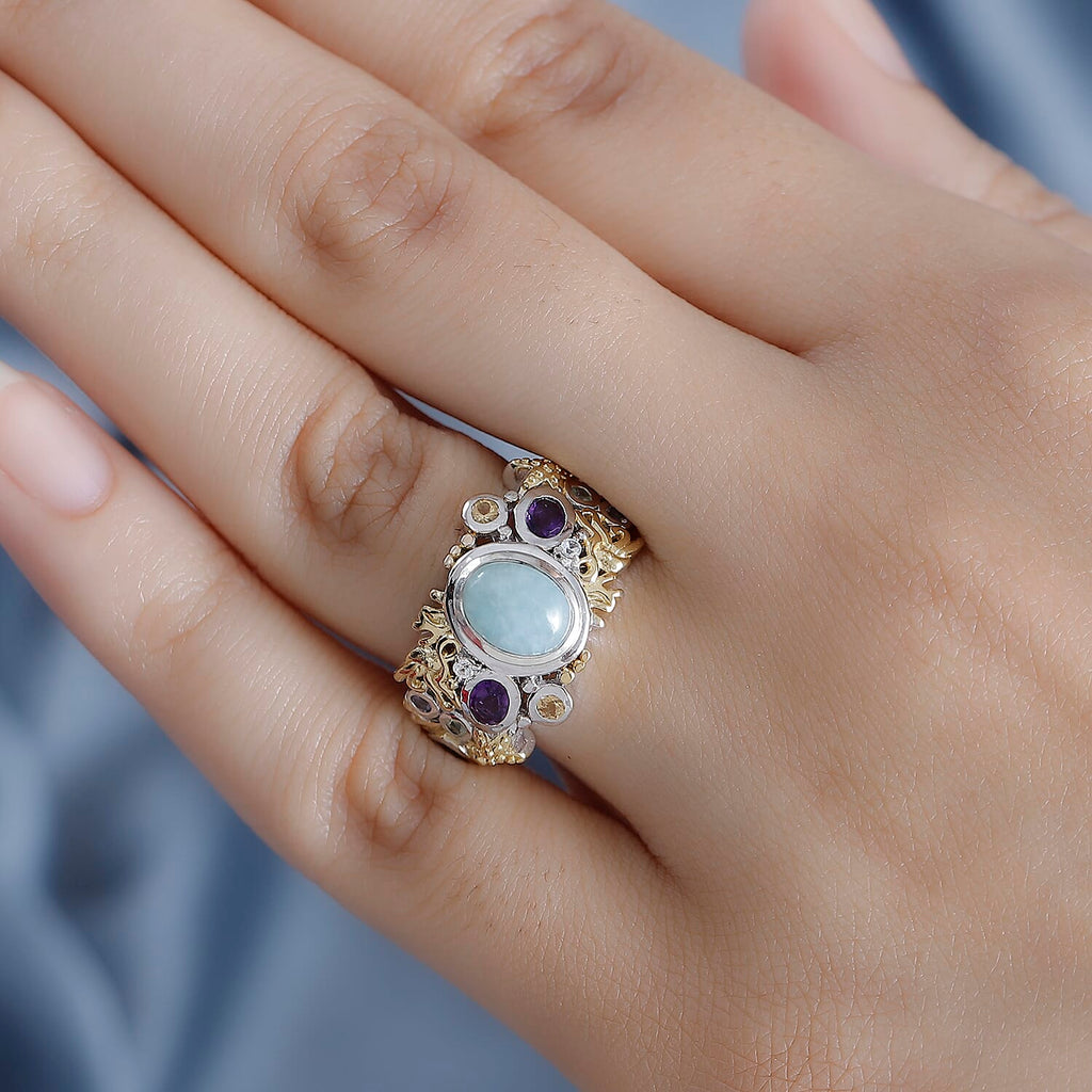 Natural Teal Green Larimar & Multi Gemstones Cluster Ring in 18K Vermeil Yellow Gold Plated & Rhodium Overlay Sterling Silver 2.34 Ct.