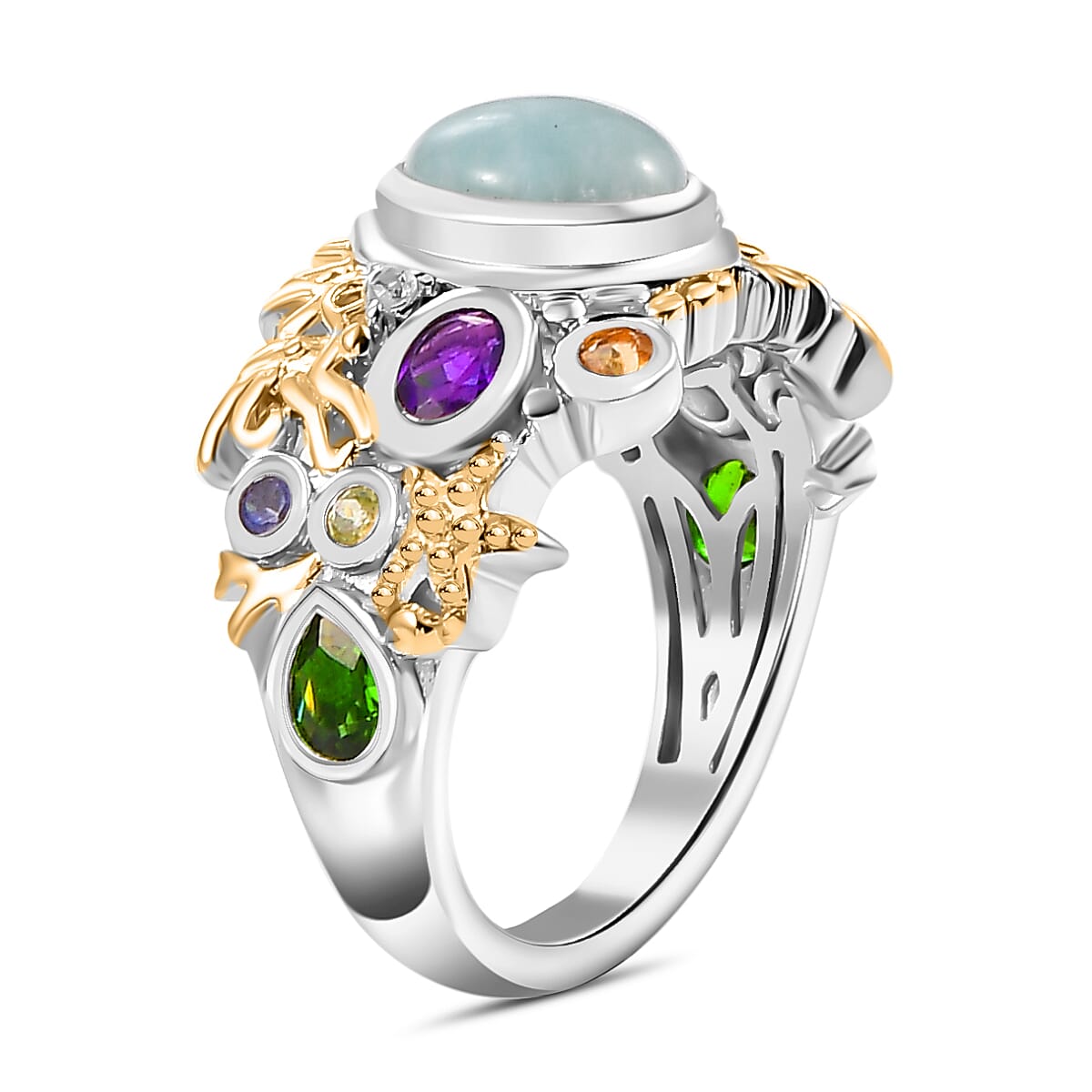 Natural Teal Green Larimar &amp; Multi Gemstones Cluster Ring in 18K Vermeil Yellow Gold Plated &amp; Rhodium Overlay Sterling Silver 2.34 Ct. 7961591 4