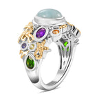 Natural Teal Green Larimar & Multi Gemstones Cluster Ring in 18K Vermeil Yellow Gold Plated & Rhodium Overlay Sterling Silver 2.34 Ct.