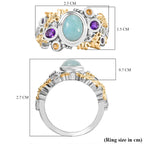 Natural Teal Green Larimar & Multi Gemstones Cluster Ring in 18K Vermeil Yellow Gold Plated & Rhodium Overlay Sterling Silver 2.34 Ct.
