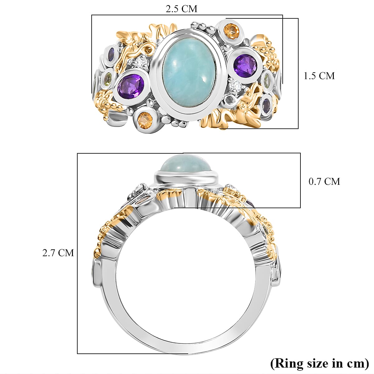 Natural Teal Green Larimar &amp; Multi Gemstones Cluster Ring in 18K Vermeil Yellow Gold Plated &amp; Rhodium Overlay Sterling Silver 2.34 Ct. 7961591 6