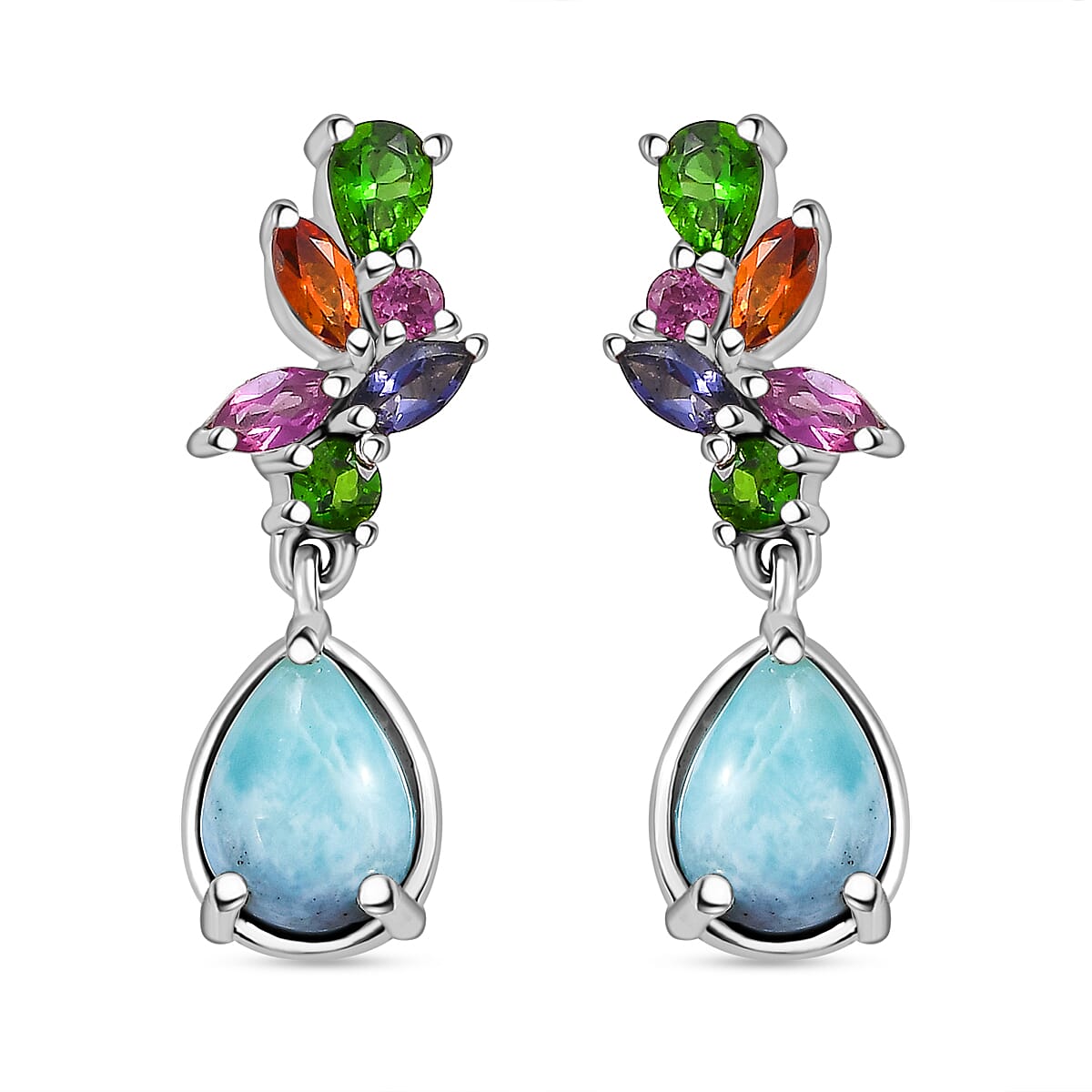 Natural Teal Green Larimar &amp; Multi Gemstones Dangling Earring With Push Back in Rhodium Overlay Sterling Silver 3.71 Ct. 7959679 0