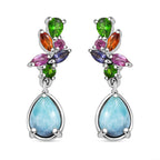 Natural Teal Green Larimar & Multi Gemstones Dangling Earring With Push Back in Rhodium Overlay Sterling Silver 3.71 Ct.