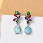 Natural Teal Green Larimar & Multi Gemstones Dangling Earring With Push Back in Rhodium Overlay Sterling Silver 3.71 Ct.