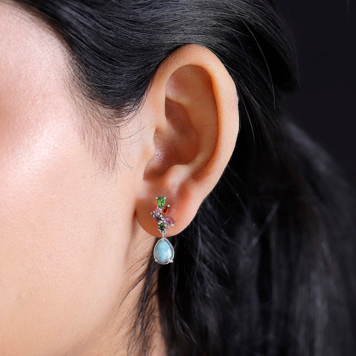 Natural Teal Green Larimar &amp; Multi Gemstones Dangling Earring With Push Back in Rhodium Overlay Sterling Silver 3.71 Ct. 7959679 2