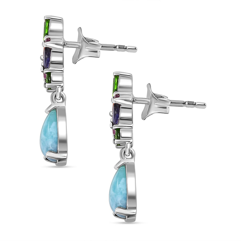 Natural Teal Green Larimar & Multi Gemstones Dangling Earring With Push Back in Rhodium Overlay Sterling Silver 3.71 Ct.