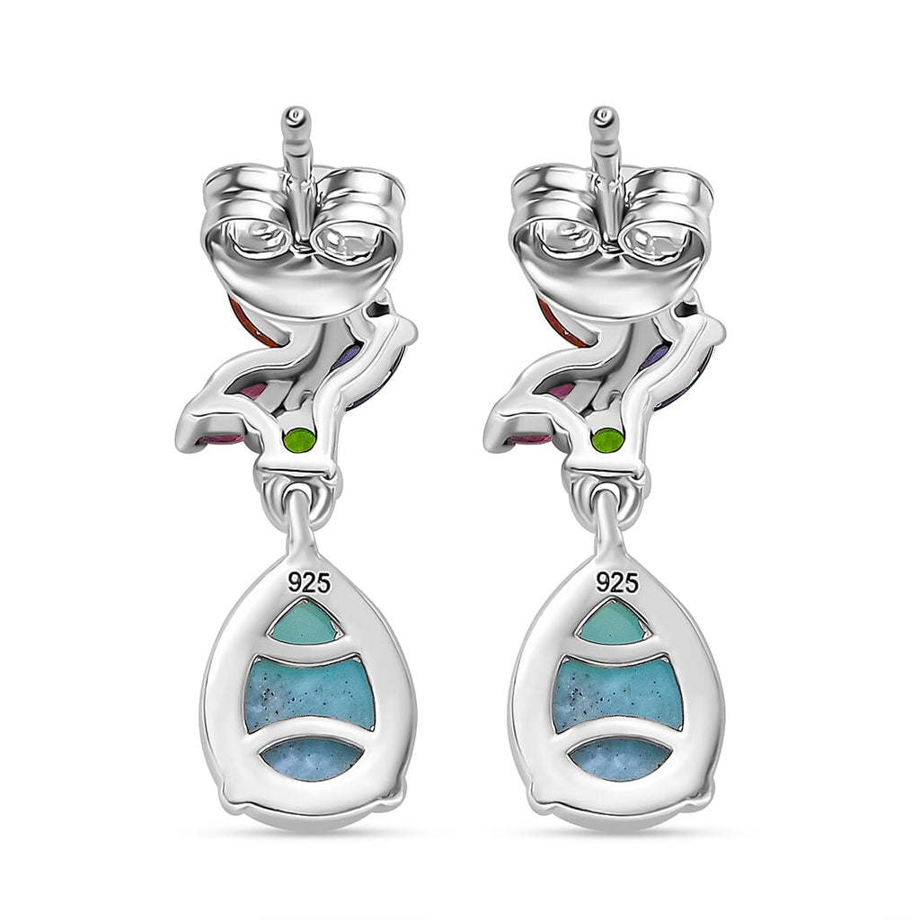 Natural Teal Green Larimar & Multi Gemstones Dangling Earring With Push Back in Rhodium Overlay Sterling Silver 3.71 Ct.