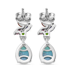 Natural Teal Green Larimar & Multi Gemstones Dangling Earring With Push Back in Rhodium Overlay Sterling Silver 3.71 Ct.