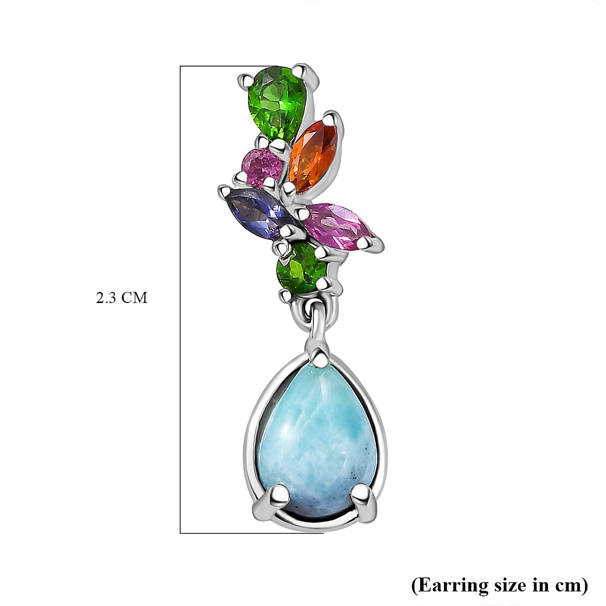 Natural Teal Green Larimar &amp; Multi Gemstones Dangling Earring With Push Back in Rhodium Overlay Sterling Silver 3.71 Ct. 7959679 5