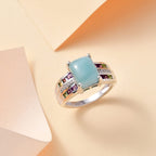 Natural Teal Green Larimar & Multi Gemstones Ring in Rhodium Overlay Sterling Silver 4.92 Ct.