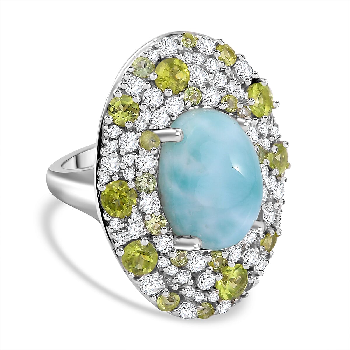 Natural Teal Green Larimar, Natural Peridot and White Zircon Halo Ring in Rhodium Overlay Sterling Silver 11.24 Cts. 7951242 0