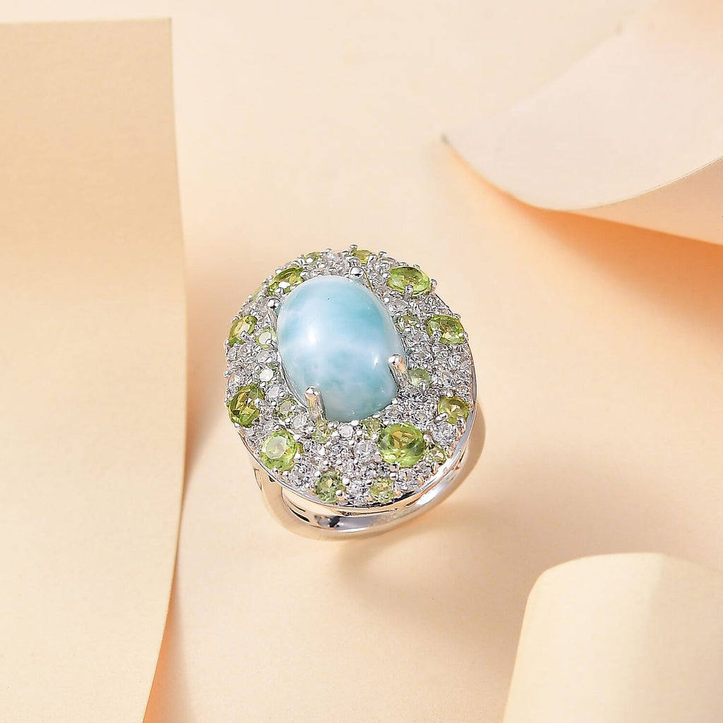 Larimar and Natural Peridot & White Zircon Ring in Rhodium Overlay Sterling Silver 11.24 Ct.