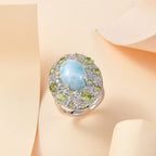 Larimar and Natural Peridot & White Zircon Ring in Rhodium Overlay Sterling Silver 11.24 Ct.