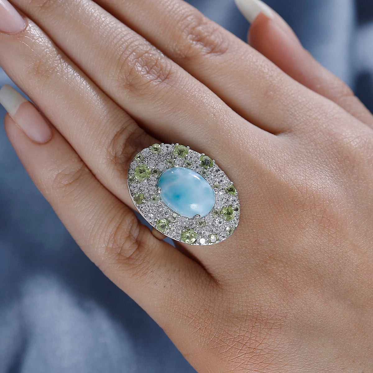 Natural Teal Green Larimar, Natural Peridot and White Zircon Halo Ring in Rhodium Overlay Sterling Silver 11.24 Cts. 7951242 3