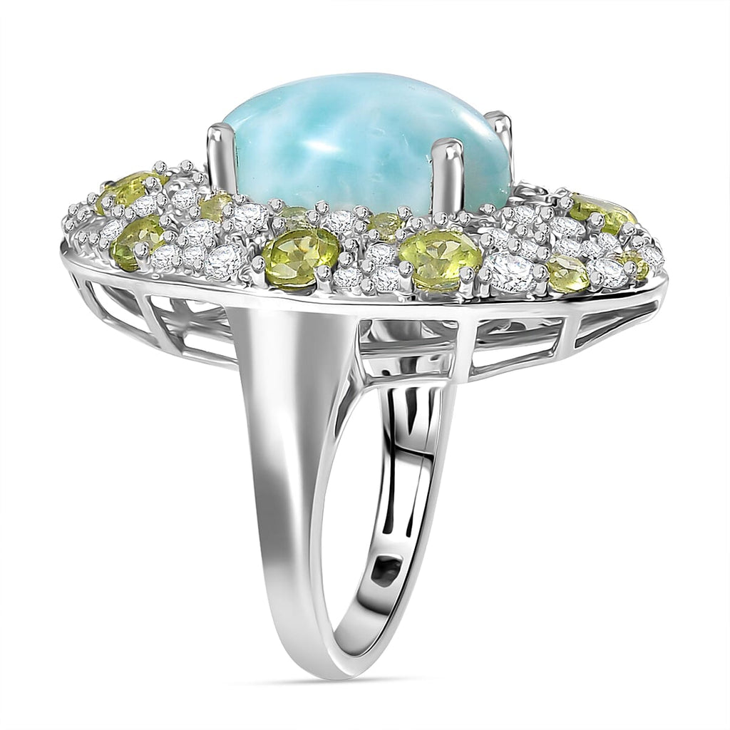 Larimar and Natural Peridot & White Zircon Ring in Rhodium Overlay Sterling Silver 11.24 Ct.