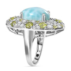 Larimar and Natural Peridot & White Zircon Ring in Rhodium Overlay Sterling Silver 11.24 Ct.
