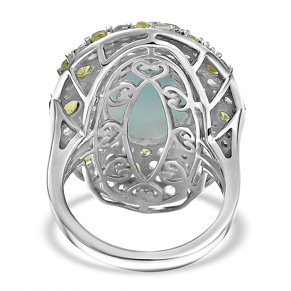 Natural Teal Green Larimar, Natural Peridot and White Zircon Halo Ring in Rhodium Overlay Sterling Silver 11.24 Cts. 7951242 5