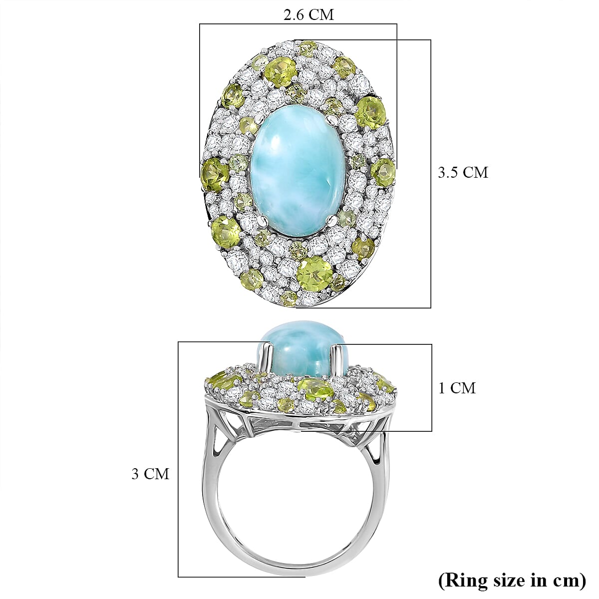 Natural Teal Green Larimar, Natural Peridot and White Zircon Halo Ring in Rhodium Overlay Sterling Silver 11.24 Cts. 7951242 6
