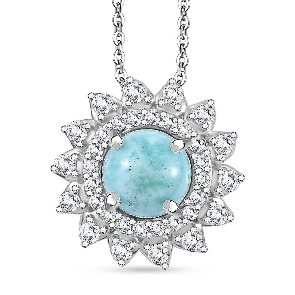 Natural Teal Green Larimar & White Zircon Pendant with Chain (Size - 20) in Rhodium Overlay Sterling Silver 2.55 Ct.