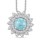 Natural Teal Green Larimar & White Zircon Pendant with Chain (Size - 20) in Rhodium Overlay Sterling Silver 2.55 Ct.