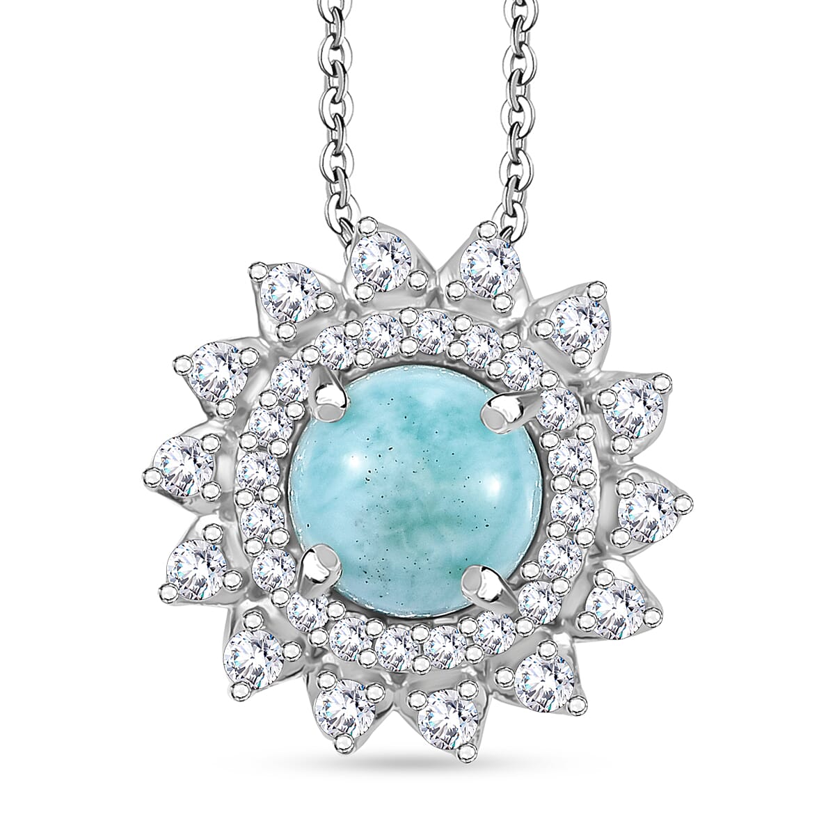 Natural Teal Green Larimar &amp; White Zircon Pendant with Chain (Size - 20) in Rhodium Overlay Sterling Silver 2.55 Ct. 4318549 0