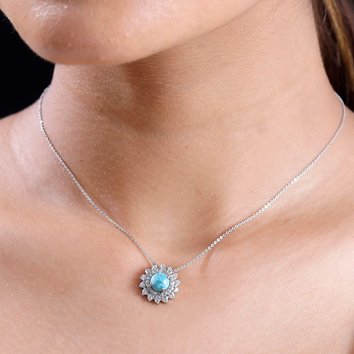 Natural Teal Green Larimar &amp; White Zircon Pendant with Chain (Size - 20) in Rhodium Overlay Sterling Silver 2.55 Ct. 4318549 1