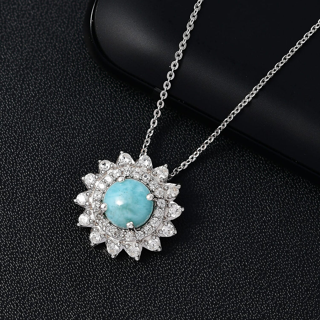 Natural Teal Green Larimar & White Zircon Pendant with Chain (Size - 20) in Rhodium Overlay Sterling Silver 2.55 Ct.