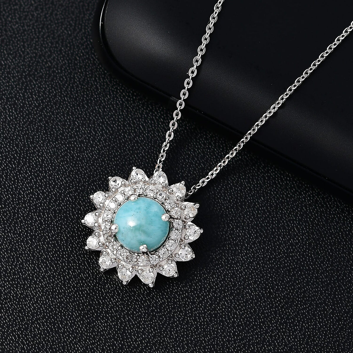 Natural Teal Green Larimar &amp; White Zircon Pendant with Chain (Size - 20) in Rhodium Overlay Sterling Silver 2.55 Ct. 4318549 2