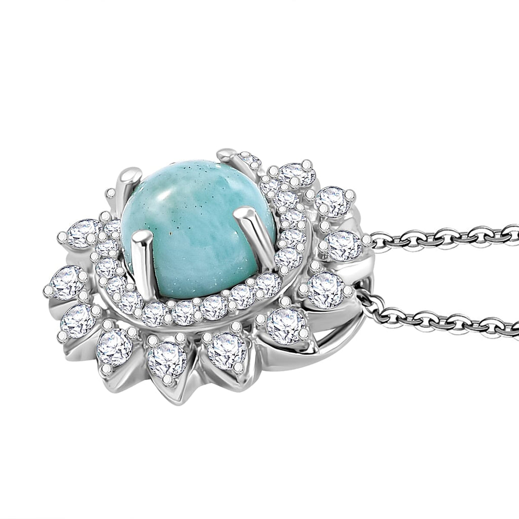 Natural Teal Green Larimar & White Zircon Pendant with Chain (Size - 20) in Rhodium Overlay Sterling Silver 2.55 Ct.