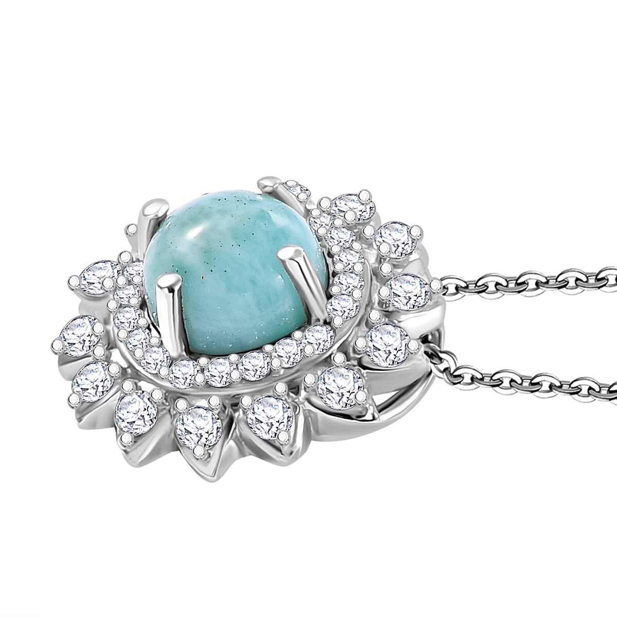 Natural Teal Green Larimar &amp; White Zircon Pendant with Chain (Size - 20) in Rhodium Overlay Sterling Silver 2.55 Ct. 4318549 3