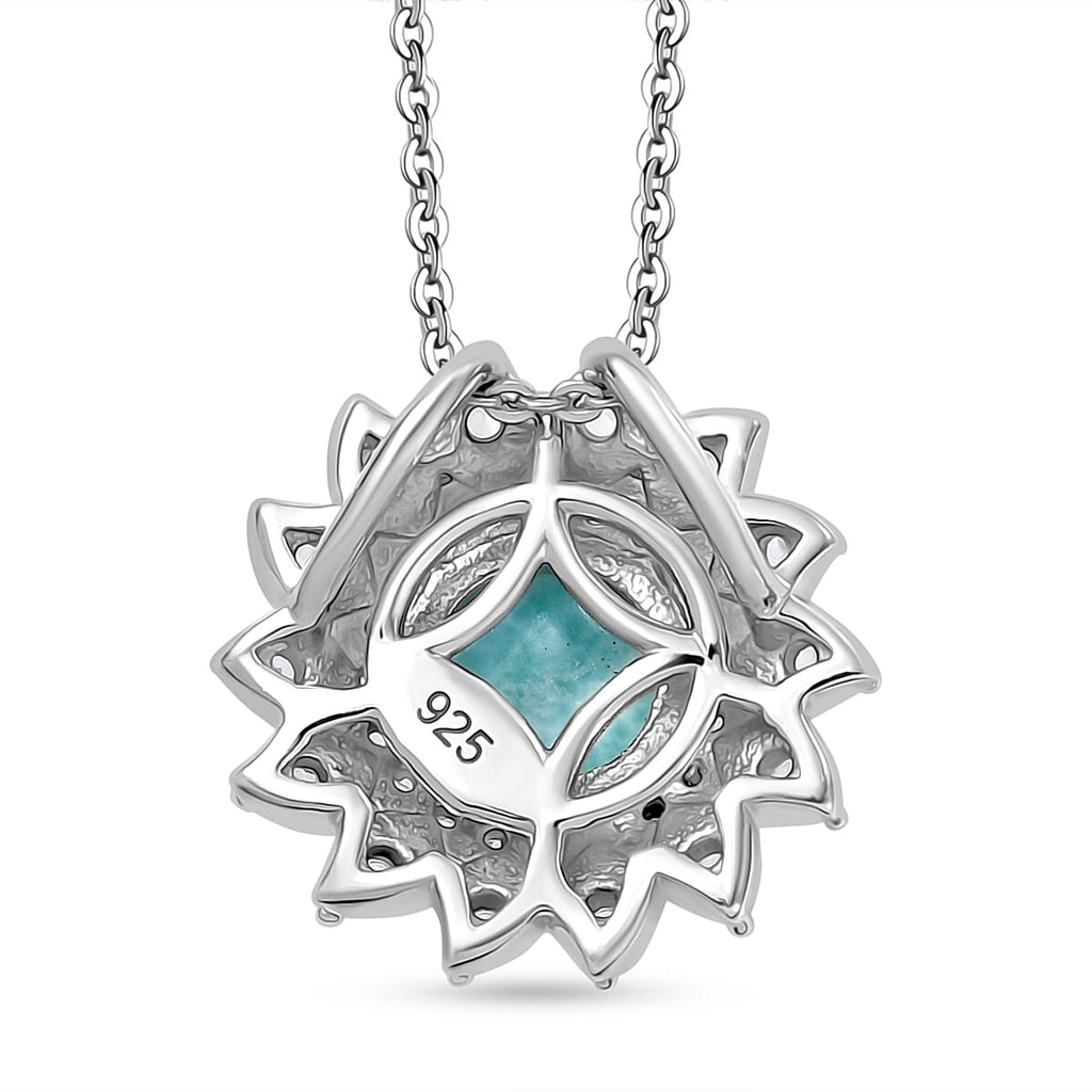 Natural Teal Green Larimar & White Zircon Pendant with Chain (Size - 20) in Rhodium Overlay Sterling Silver 2.55 Ct.