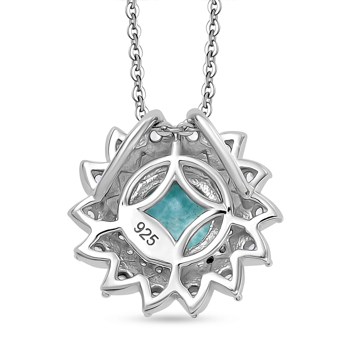 Natural Teal Green Larimar &amp; White Zircon Pendant with Chain (Size - 20) in Rhodium Overlay Sterling Silver 2.55 Ct. 4318549 4