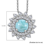 Natural Teal Green Larimar & White Zircon Pendant with Chain (Size - 20) in Rhodium Overlay Sterling Silver 2.55 Ct.