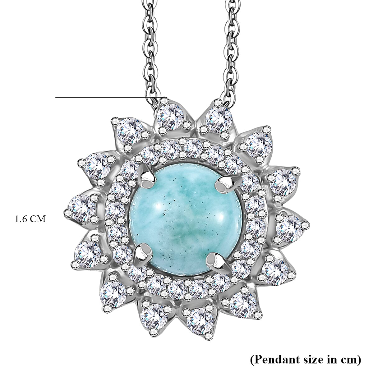 Natural Teal Green Larimar &amp; White Zircon Pendant with Chain (Size - 20) in Rhodium Overlay Sterling Silver 2.55 Ct. 4318549 5