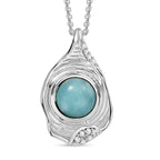 Natural Teal Green Larimar & White Zircon Pendant with Chain (Size - 20) in Rhodium Overlay Sterling Silver 1.82 Ct.