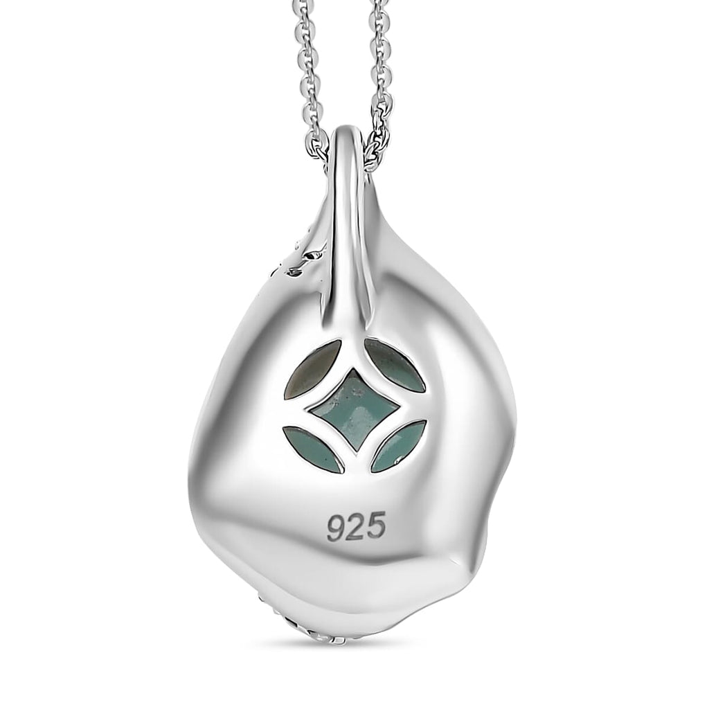 Natural Teal Green Larimar & White Zircon Pendant with Chain (Size - 20) in Rhodium Overlay Sterling Silver 1.82 Ct.