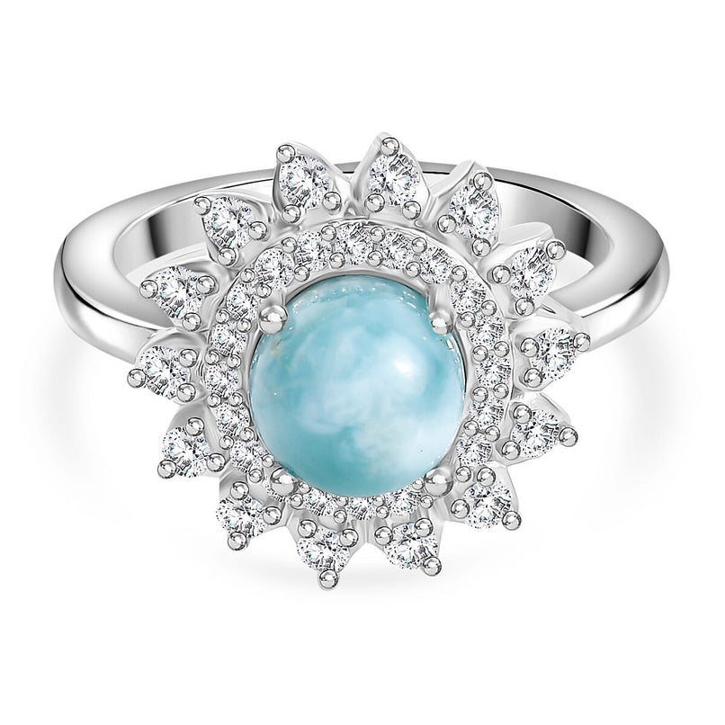 Natural Teal Green Larimar & White Zircon Ring in Rhodium Overlay Sterling Silver 2.53 Ct.