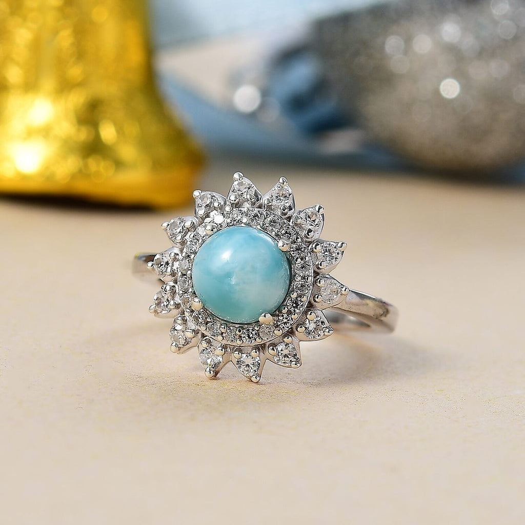 Natural Teal Green Larimar & White Zircon Ring in Rhodium Overlay Sterling Silver 2.53 Ct.