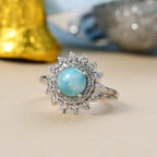 Natural Teal Green Larimar & White Zircon Ring in Rhodium Overlay Sterling Silver 2.53 Ct.
