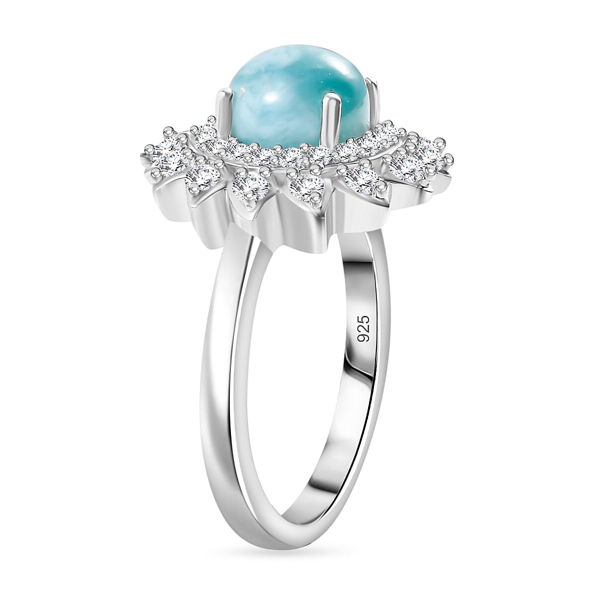 Natural Teal Green Larimar &amp; White Zircon Ring in Rhodium Overlay Sterling Silver 2.53 Ct. 7957464 4