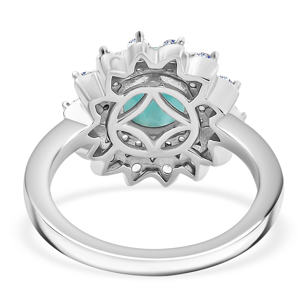 Natural Teal Green Larimar & White Zircon Ring in Rhodium Overlay Sterling Silver 2.53 Ct.
