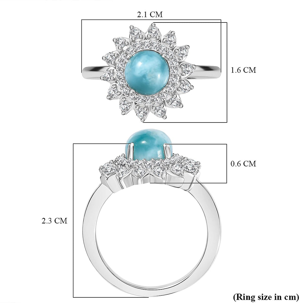 Natural Teal Green Larimar & White Zircon Ring in Rhodium Overlay Sterling Silver 2.53 Ct.